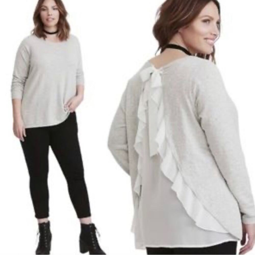 NWT TORRID Chiffon Ruffled Back Sweater Off‎ White & Gray Split Back Bow Size 1X